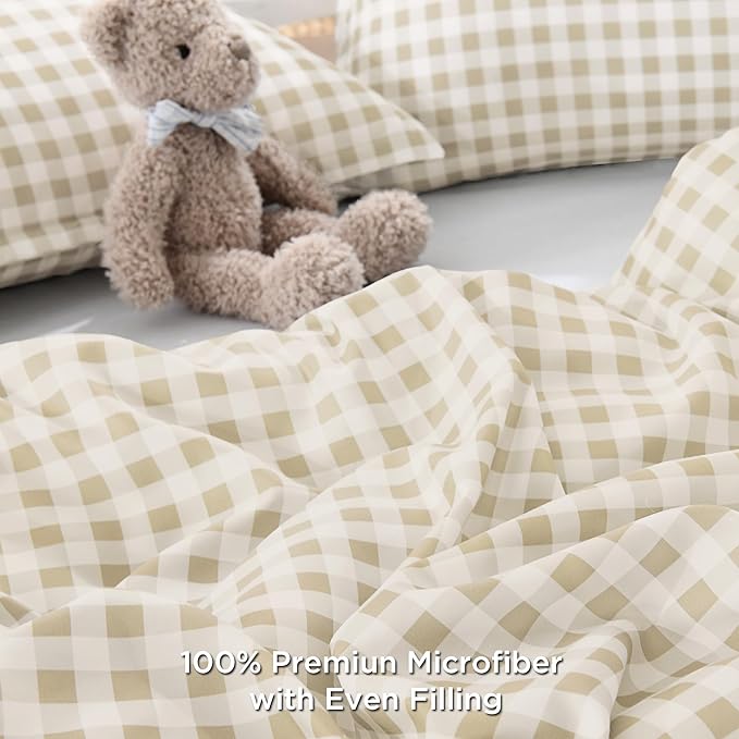 Andency Beige Gingham Comforter Set Queen(90x90Inch), Cream Checkered Grid Plaid Buffalo Bed Set for Girls Boys Kids Teens, 3 Pieces Lightweight Microfiber Geometric Preppy Bedding