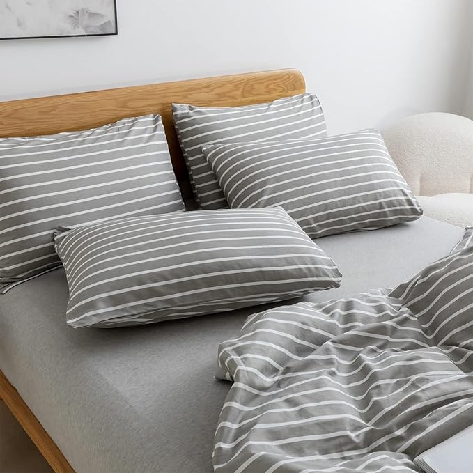 JELLYMONI Twin Duvet Cover Set, Cotton Duvet Cover 2 Pieces with Zipper Closure, 1 Duvet Cover and 1 Pillowcase(Gray with White Striped)