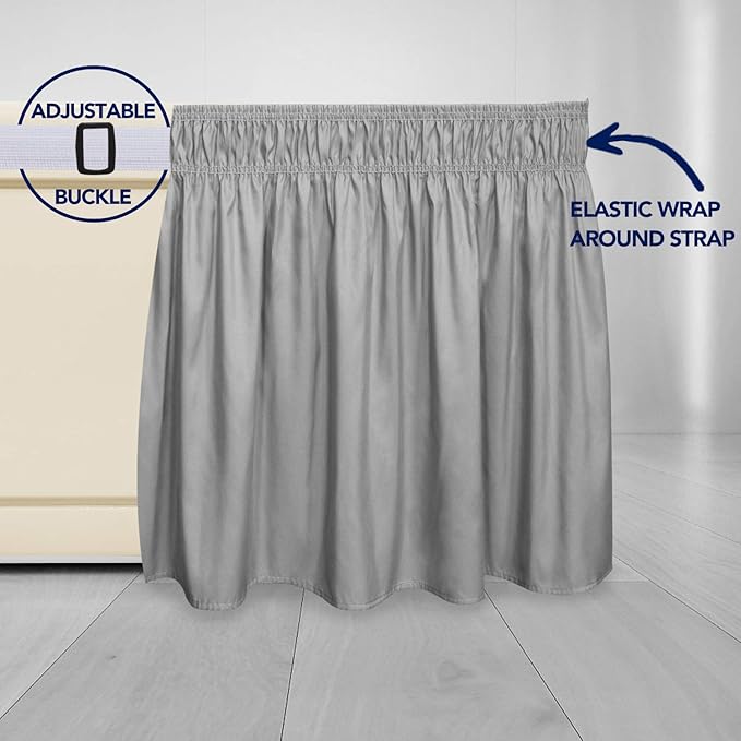 PureFit Wrap Around Ruffled Bed Skirt with Adjustable Elastic Belt - 14 Inch Drop Easy to Put On, Wrinkle Free Bedskirt Dust Ruffles, Bed Frame Cover for Twin,Twin XL and Full Size Beds, Light Gray