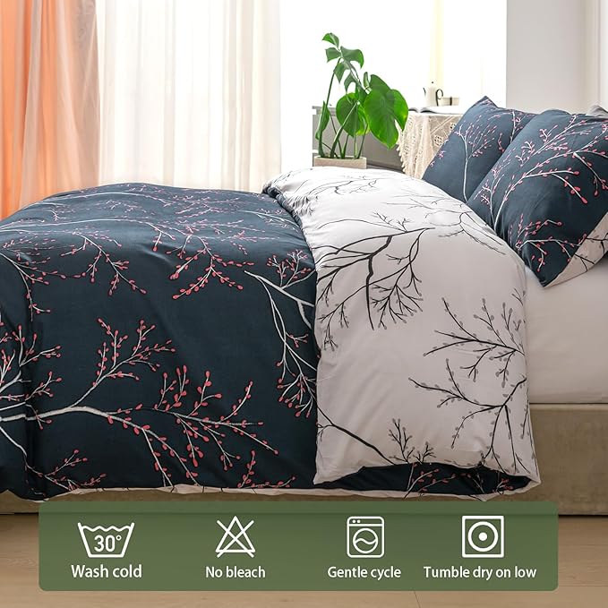 Lekesky Reversible Duvet Cover King Size, Starry Sky Blue Branch Comforter Cover King 3pcs Microfiber Botanical Bedding Set with Zipper Closure Corner Ties