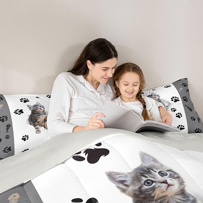 Kids 3D Cute Kawaii Cat Comforter Set Full - Lovely Animal Kitten Paw Print Bedding for Girls Boys Cat Lovers' Bedroom - Fish Bone Decor Quilt Duvet Set Grey White With 2 Pillow Cases
