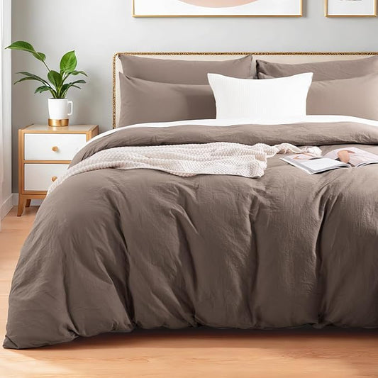 NEXHOME PRO 100% Washed Cotton Duvet Cover Full Size, Ogranic Natural Linen Feel Breathable Bedding Set with Zipper Closure, 3 Pieces Duvet Cover Set Chocolate (No Comfortert) 8090