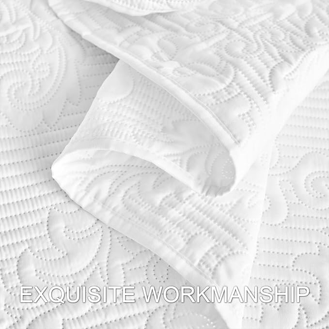 Hansleep White Quilt King Size - Damask Ultrasonic All Season Bedspread King, Soft Lightweight Coverlet Bedding Set, 3 Piece (1 Quilt, 2 Pillow Shams)