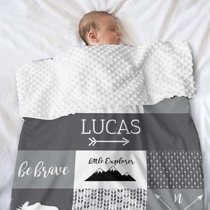 Custom Micro Fleece Baby Blanket for Boys with Double Layer, Breathable and Soft Lightweight Receiving Blanket for Newborns, 35x45 Inches, Woodland Bear, Gray