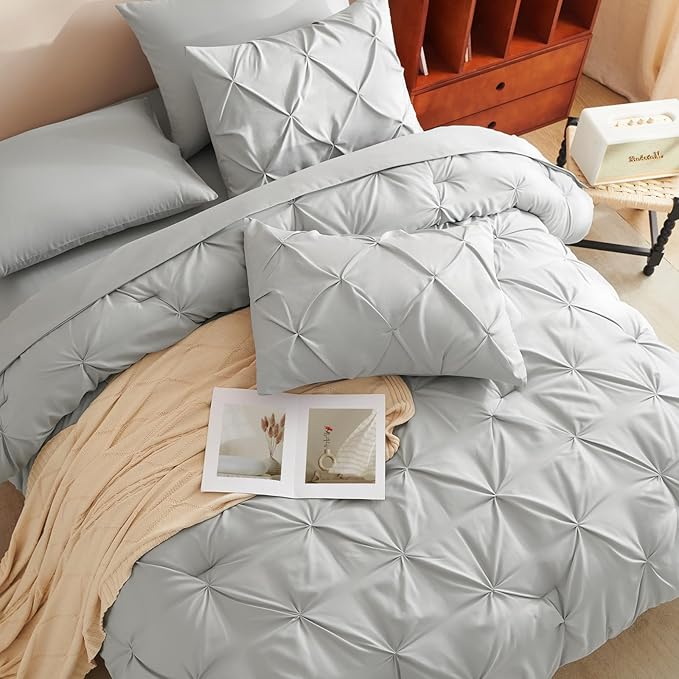 CozyLux California King Comforter Set Light Grey - 7 Pieces Cal King Pintuck Bed in A Bag Gift for Family, Pinch Pleat Bedding Sets with All Season Comforter, Sheets, Pillowcases & Shams