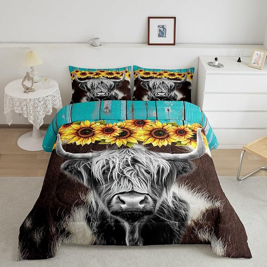 Highland Cow Bedding Sets Full Brown Cow Fur Print Comforter For Kids Boys Girls 3D Sunflowers Quilt Funny Farmhouse Animal Duvet Set Retro Woodren Board Backdrop Down Comforter,Black Brown Blue