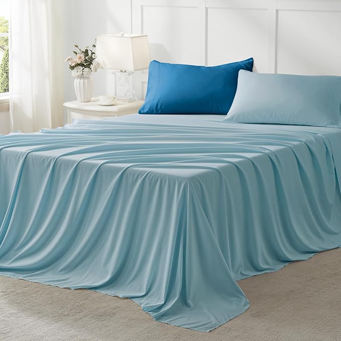 Anluoer King Comforter Set,Teal&Light Blue Bed in a Bag 7 Piece,Lightweight Bedding Set with Soft Down Alternative Fill,Bed Set Includes Comforter, Fitted Sheet, Flat Sheet,Pillowcases and Shams