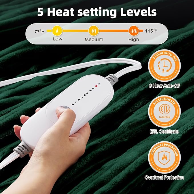 HYLEORY Heated Blanket Electric Full Size, Soft Flannel Sherpa Heater 5 Heat Settings and 10 Hours Auto Shut-Off Heating Blanket ETL Certification Over-Heat Protection Machine Washable,Green
