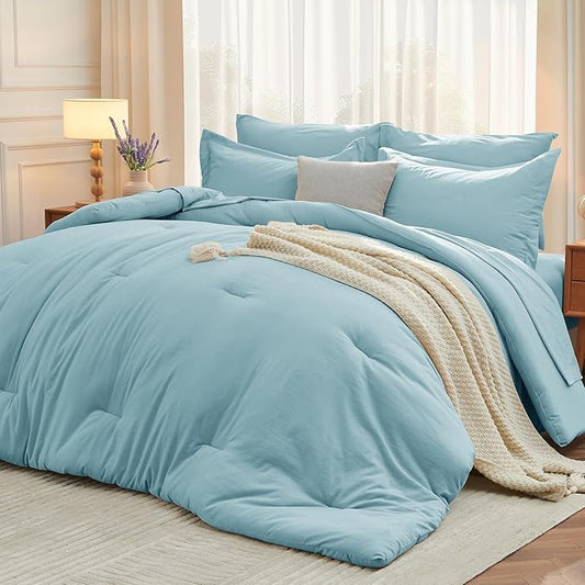 MUXHOMO 7 Pieces Full Comforter Set, Soft Bed in a Bag Full Size, All Season Bedding Set with Comforter, Flat Sheet, Fitted Sheet, Pillowcases & Shams, Lake Blue