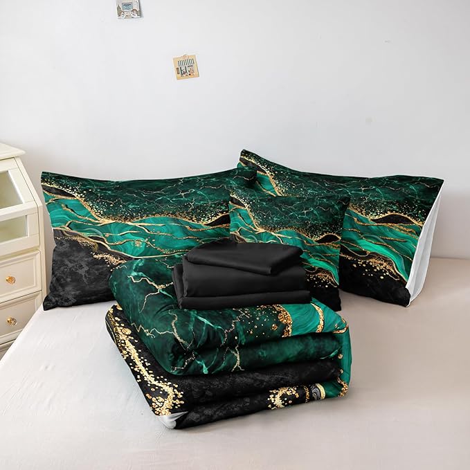 Emerald Green Comforter Set King Black Gold Marble Bed in a Bag 8 Pieces Bedding Set with 1 Green Black Marble Comforter, 1 Flat Sheet, 1Fitted Sheet, 4 Pillowcases, 1 Cushion Cover