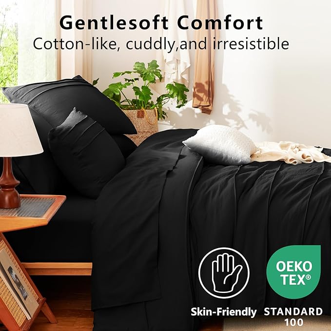 CozyLux Full Size Comforter Sets Black, 7 Pieces Soft Pinch Pleat Bed in a Bag Full Comforter Set with Sheets, Boho Bed Set with Down Alternative Comforter, Sheets, Pillowcases & Shams