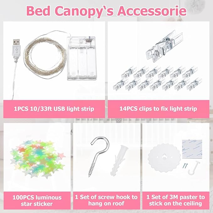 Bed Canopy with Lights, Bed Canopy for Girls Princess with Luminous Stars, Canopy Bed Curtains for Twin Size Bed, Baby Kids Adult Indoor Decor Bedroom Reading Nook Outdoor Camping, White