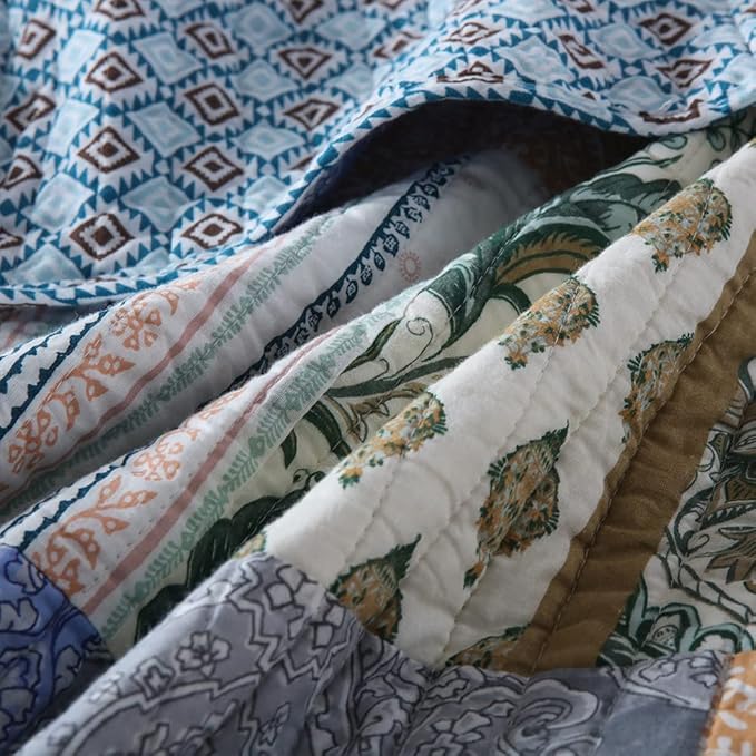Autumn Dream Cotton Bedspread Quilt Sets Reversible Bedding Coverlet Sets Comforter, Vintage Floral Paisley Patchwork Bohemian Blue Bedspread, King Size | Breathable material, Reversible, Handmade patchwork, Soft durable, Jacquard stitching, Machine wa...