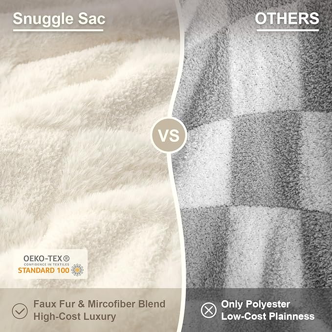 Snuggle Sac Checkered Throw Blanket Faux Fur Microfiber Blankets for Couch,Cozy Soft Warm Blanket for Sofa Bedroom Living Room,Solid Ivory,60x80 inches