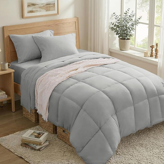 Anluoer Twin Comforter Set 5 Piece, Light Grey Bed in a Bag with Comforters, Pillow Shams, Pillowcases, Flat Sheet, Fitted Sheet