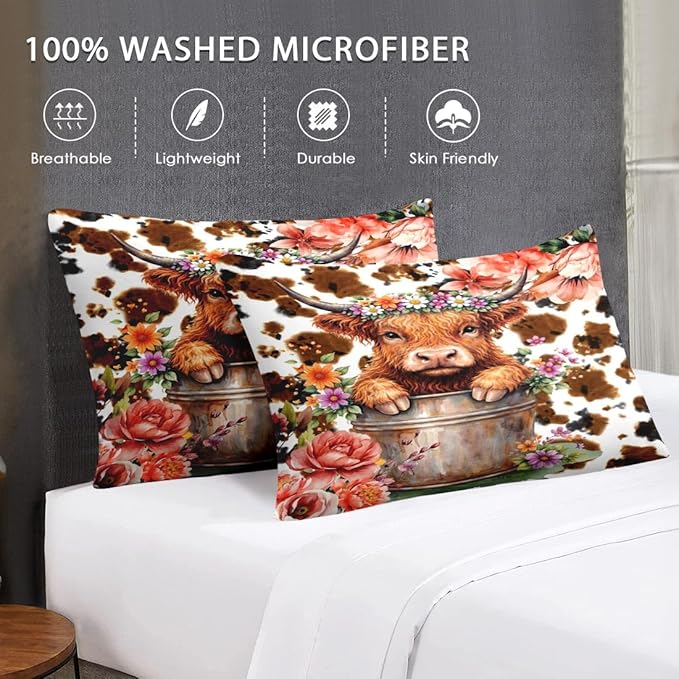Full Size Comforter Set with 2 Pillowcases, Cute Happy Highland Bull 3 Pcs Bedding for Kids and Adults, Flower Cow Print Soft Comforter Set for Bedroom Bed Decor
