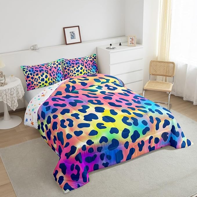 Leopard Print Comforter Set Africa Cheetah Print Bedding Set Rainbow Leopard Design Down Alternative Comforter for All Season for Boys Girls Kids Women Room Decor Safari Animal Duvet Set Queen Size