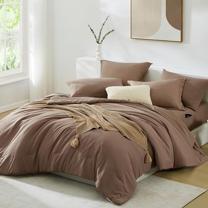 WRENSONGE King Size Comforter Sets, 7 Pieces Soft Brown Bed in a Bag King with Fitted Sheet, Flat Sheet, 2 Pillow Shams, and 2 Pillowcases-Warm Bedding Sets for All Season