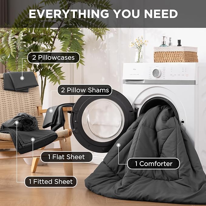 7 Pieces Full Comforter Set - Utral Soft Microfiber Bedding Set, Thick Duvet Insert Bed in a Bag Without Rustling Noise for All Season, Dark Grey (82"x86")