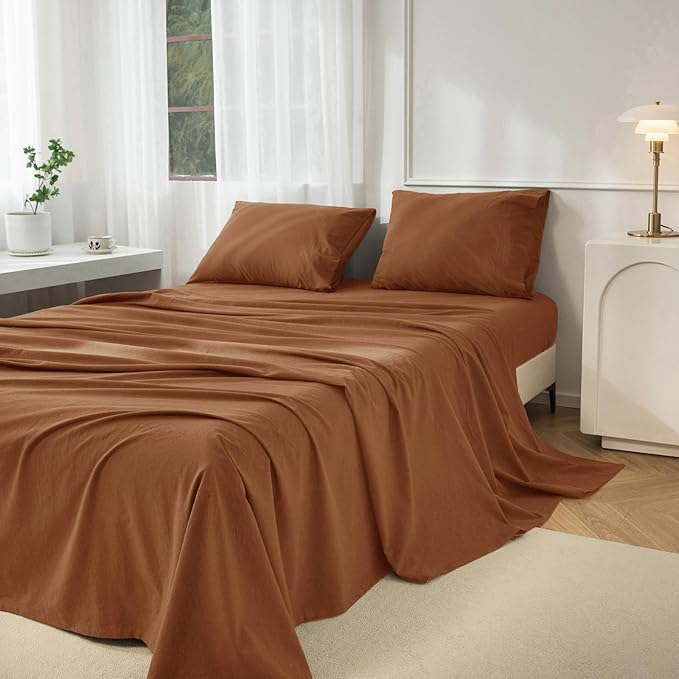 JIYUAN 100% Washed Cotton Sheet Set 4 Pieces Full,1 Fitted Sheet,1 Flat Sheet and 2 Pillowcases,Comfy and Breathable Linen Like Bedding Set,Burnt Orange