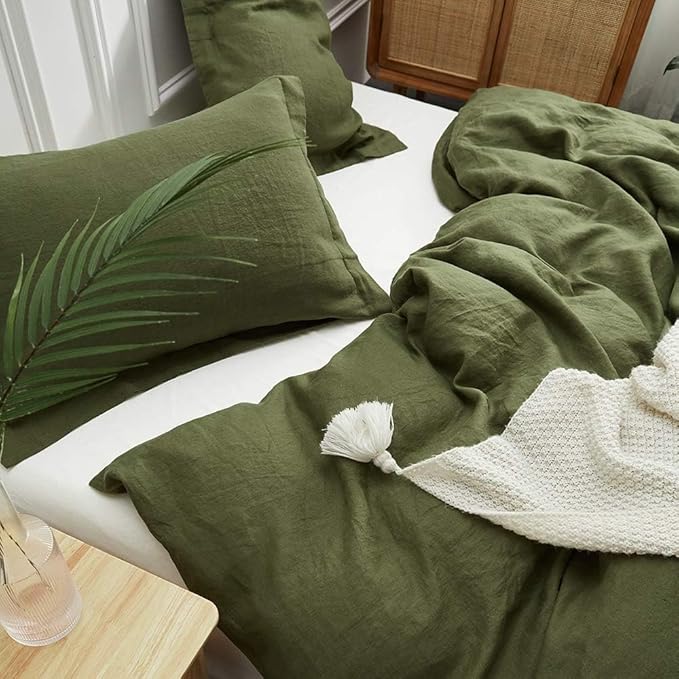 Simple&Opulence 100% Linen Duvet Cover Set, 3 PCS Olive Green Duvet Cover California King Size, Breathable Soft Comfy Linen Bedding Comforter Cover with 2 Pillowcases(Olive Green, 104"x98")