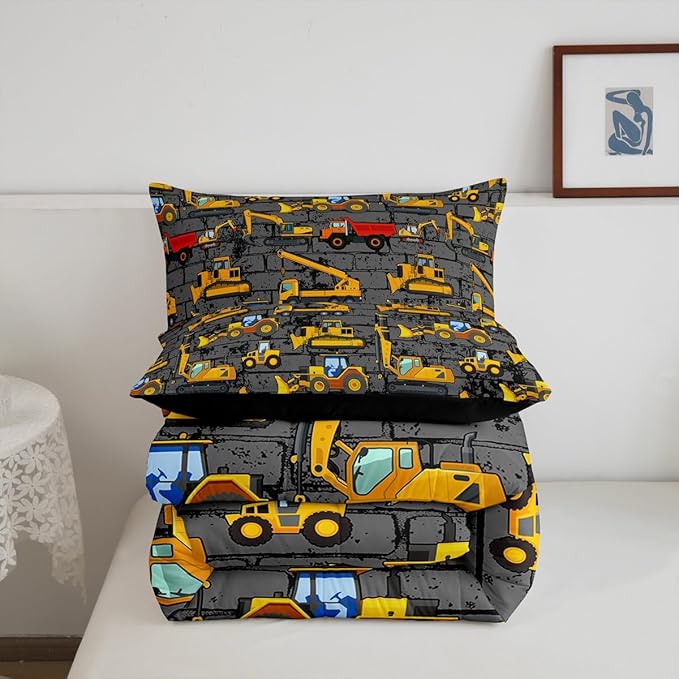 Kids Tractor Bedding Sets For Boys Toddler Twin,Under Construction Trucks Bedding Comforter Set,Equipment Excavator Bedding Cartoon Vehicle Cars Bed Set For Child Room Decor Yellow Dark Grey 2 Pcs