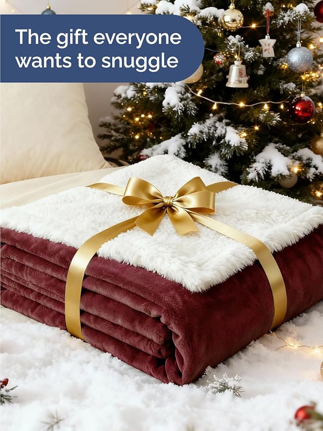 Sherpa Fleece Blanket Queen Size - Reversible Sherpa Fleece Queen Blanket - Super Soft Double Sided for Bed, Sofa, Couch - Thick, Warm, and Plush - Luxurious Bedding for Winter - Burgundy, 90" x 90"