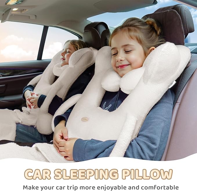 FLORICH Kids Travel Pillow, Car Sleeping Travel Pillow for Kids, Removable H-Shaped Pillow for Adults and Children to Support Head and Body Road Trips with Neck Pillow and Blanket (Beige White)