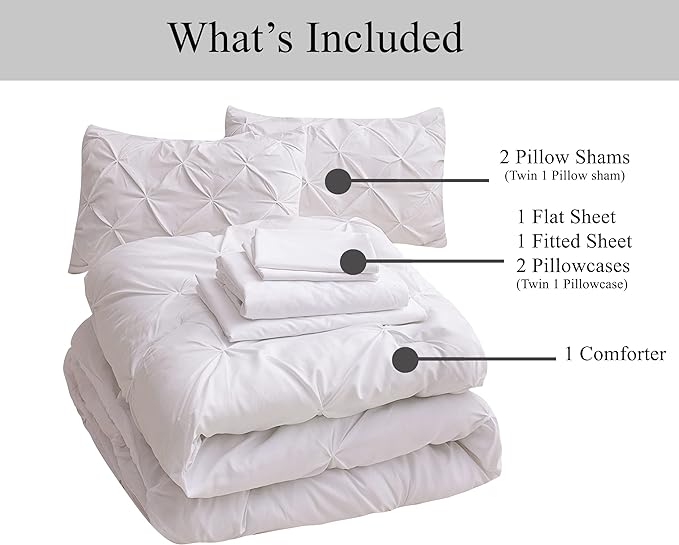 LANE LINEN Twin XL Comforter Set - Extra Long 5 Piece Dorm Bedding Sets - Pinch Pleat Bed in a Bag - Includes Pintuck Comforter, Sheets, Pillowcase & Sham - Durable Stitching for Everyday Use - White | Durable stitching, Soft pinch pleat, Extra long co...