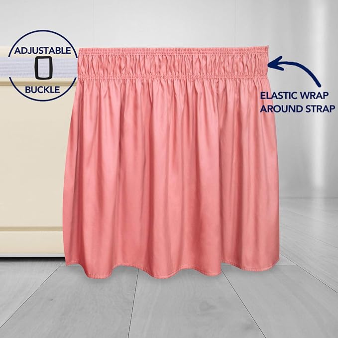 PureFit Wrap Around Ruffled Bed Skirt with Adjustable Elastic Belt - 14 Inch Drop Easy to Put On, Wrinkle Free Bedskirt Dust Ruffles, Bed Frame Cover for Queen, King and C-King Size Beds, Pink
