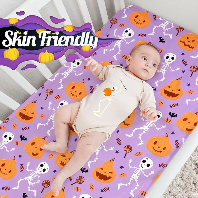 UOMNY Halloween Pumpkin Crib Sheet for Boys Girls Halloween Fitted Crib Sheets for Standard Crib 52 X 28 Inch Toddler Crib Mattresses Sheet
