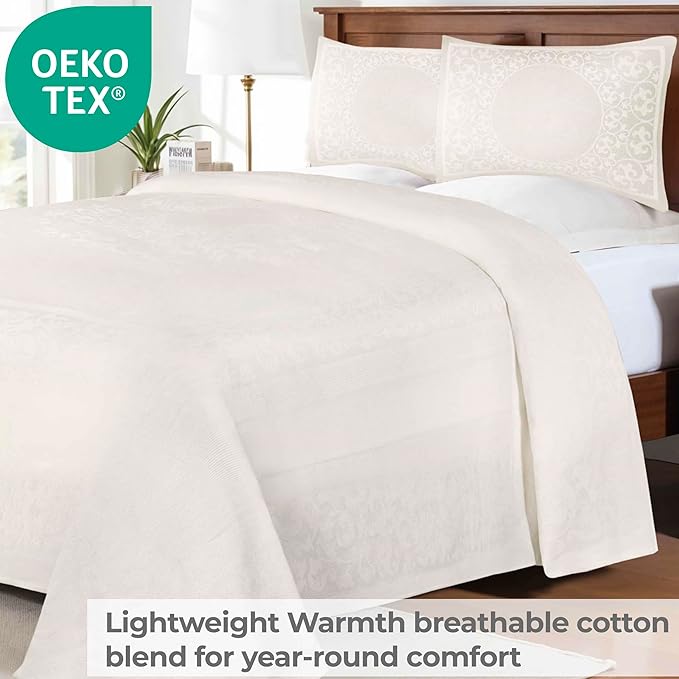 Superior Cotton Blend Bedspread Set, Includes Oversized Bedspread and 2 Matching Pillow Shams, Light Weight Blanket, Bedding Decor, Jacquard Vintage Floral Mandala, Lyron Collection - King, Off White