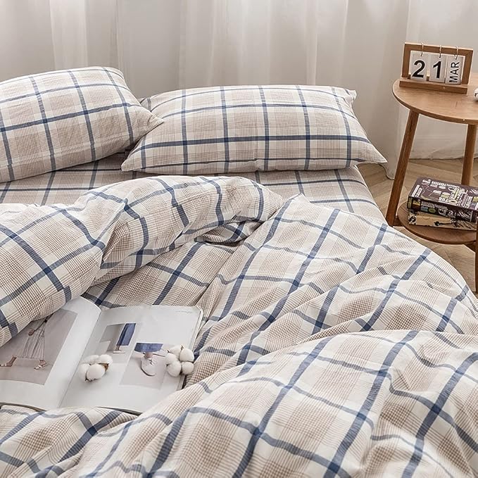 FACE TWO FACE Bedding Duvet Cover Set 3 Pieces 100% Washed Cotton Duvet Cover Linen Like Textured Breathable Durable Soft Comfy(King, Blue Grid)
