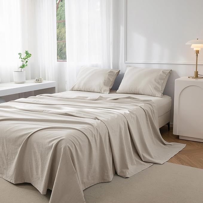 JIYUAN 100% Washed Cotton Sheet Set 4 Pieces King,1 Fitted Sheet,1 Flat Sheet and 2 Pillowcases,Comfy and Breathable Linen Like Bedding Set,Heathered Cream Grey