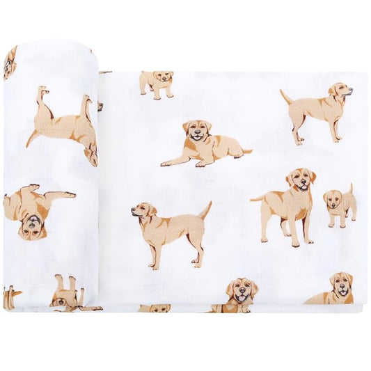 LifeTree Baby Swaddle Blankets Dog Pattern, Muslin Blankets Boys Girls Swaddling Wrap Receiving Blanket for Newborn, 70% Viscose from Bamboo and 30% Cotton, Large 47" x 47", Labrador