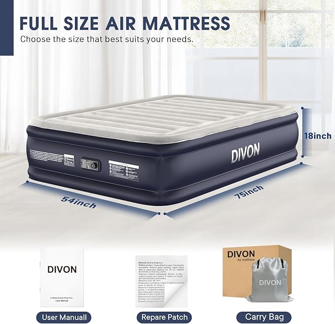 Air Mattress Full with Built in Pump,18''Raised Blow Up Mattress 2 Mins Self-Inflation/Deflation,Upgraded Thicker Inflatable Mattress，Air Bed with Storage Bag for Guests,Home，Camping，660 lbs Max