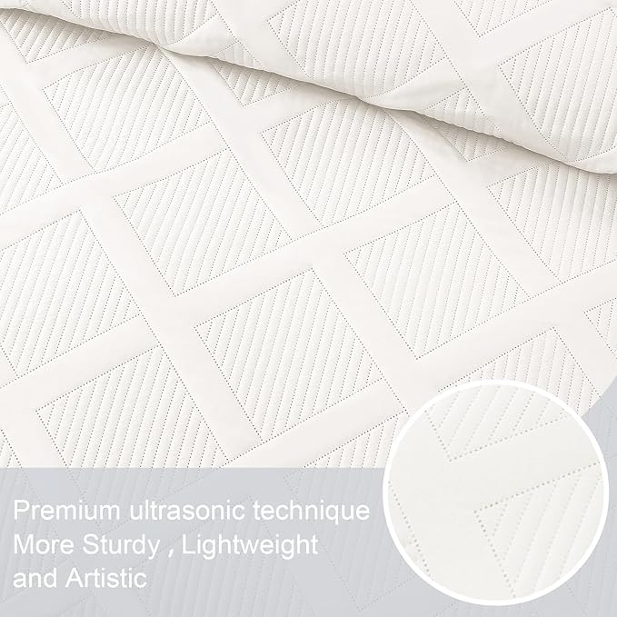 Exclusivo Mezcla Quilts Queen Size - White Quilt Set Bedspread with 2 Pillow Shams, Modern Bedding Set with Striped Pattern, Soft Lightweight Bedspreads Queen Size for All Seasons