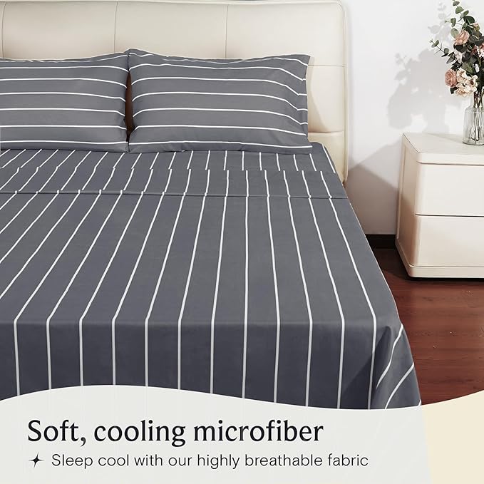 LuxClub 4 PC Cal King Size Sheet Set Bed Sheets, Breathable Luxury, Deep Pockets 18" Wrinkle Free Cooling Machine Washable Hotel Bedding (Striped Light Blue)