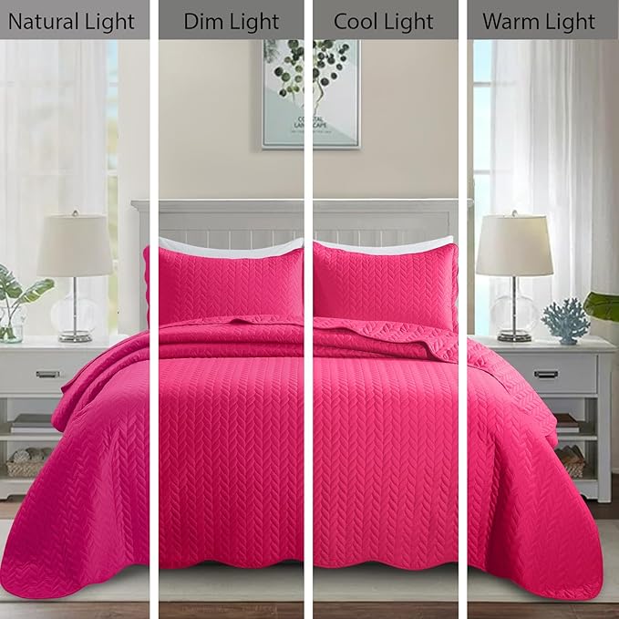 MOONLIGHT20015 Queen Quilt Bedding Set (90" x 96") - Bulk Pack of 10 Wholesale for Hotels, Guest Bedroom & Airbnbs - Lightweight Microfiber Reversible Embossed Quilts Bedspreads (Pink)