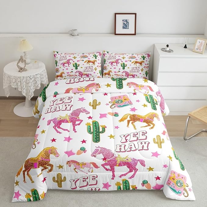 Feelyou Pink Glitter Cowgirl Decor Comforter Set Toddler Size for Girls Adults Cowboy Horse Boots Print Kids Kawaii Bedding Set Girly Whitewooden Farmhouse Quilt Set with 1 Pillowcase