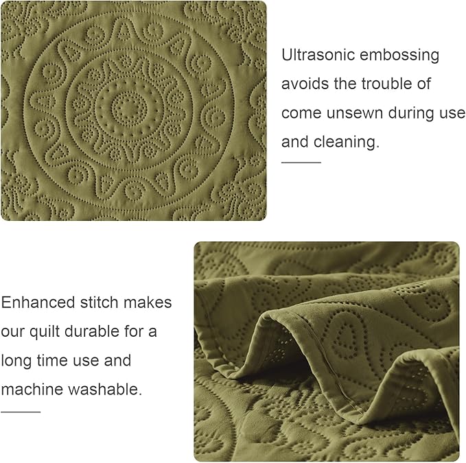 WURUIBO Olive Green Quilt Set King/Cal King Size, Embossing Microfiber Bedspreads with Pillow Sham, Ligthweight Breathable Thin Coverlet, Reversible Bedding Set for All Season (1 Quilt,2 Pillow Shams)