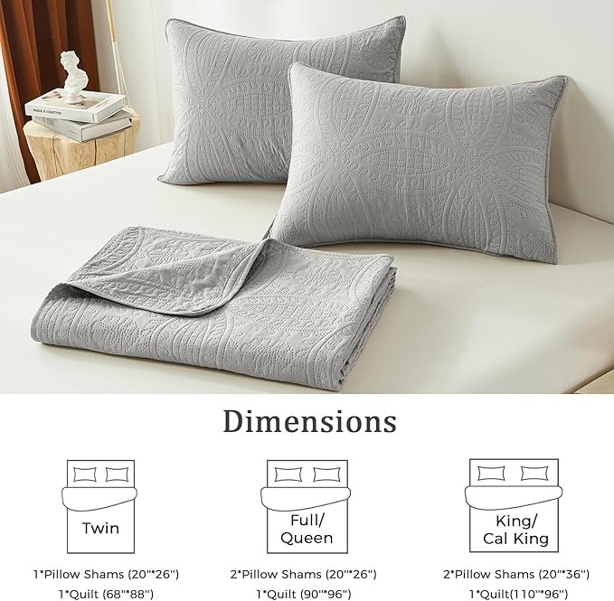 akkialla King Size Quilt Set,Light Grey Ultrasonic Bedspread,Lightweight Soft Coverlet with Modern Coin Pattern,All Season California King Bedding Set,3 Piece Set(1 Quilt,2 Pillow Shams)