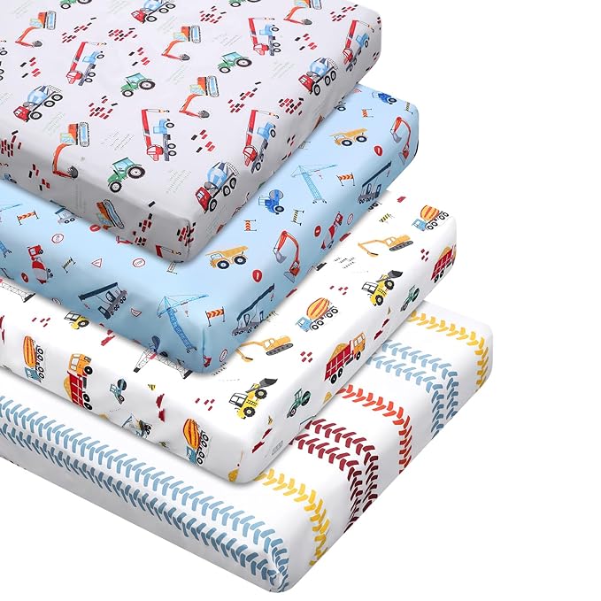 VitalCozy 4 Pcs Construction Truck Crib Sheet Set Baby Sheet Newborn Bedding Nursery Crib Sheets for Girl Boys Baby Gifts for Standard Crib and Toddler Mattresses, 52 x 28 x 8 Inches