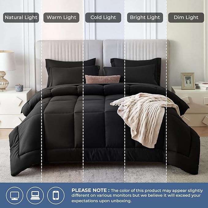 Sasttie King Size Comforter Set Black, 7 Pieces Bed in a Bag King, Complete Bedding Set Includes Comforter, Flat Sheet, Fitted Sheet, Pillowcases and Pillow Shams, Black