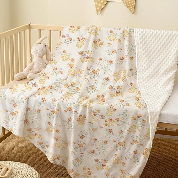 Premium Soft Muslin Cotton Front Fluffy-Backed Baby Swaddle Blankets Double Layer Nursery Plush Dotted Fleece Back Receiving Bed Quilt Blanket for Unisex Newborn Toddler Boys Girls 30 x 41 Inches