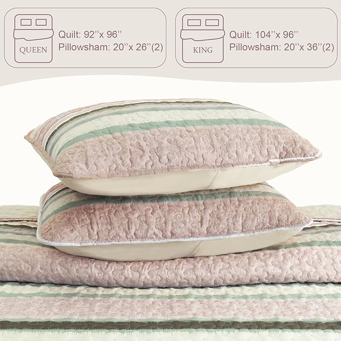 Exclusivo Mezcla Reversible Boho Quilts King Size, Pink Bedspreads Lightweight Coverlet All Season Bohemian Quilt Bedding Set with Printed Striped Floral Pattern (1 Quilt, 2 Pillow Shams)