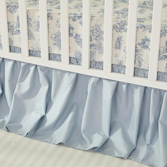 Brandream French Country Toile Crib Bedding Set for Girls Vintage Blue Toile Floral Print 100% Cotton Baby Girl Nursery Bedding Collection - Ruffles Quilt,Toile Crib Sheet,Crib Bed Skirt 3 Pieces