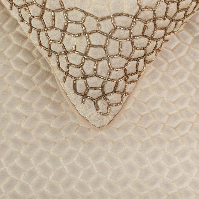 The HomeCentric King/Queen/Twin Ivory & Gold Designer Queen 74"x18" Bed Runner with Pillow Cover, Mosaic & Beaded Bed Scarf on Jacquard Fabric - Tessellation