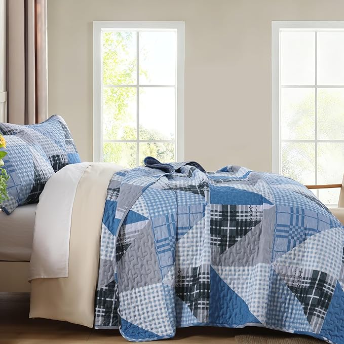 Annibedding Blue Quilt Set King Size, 3 Pieces Geometric Bedspread Plaid Patchwork Bedding Set for All Season, Soft Lightweight Bedspread with Wave Quilting (King, 110“x90)