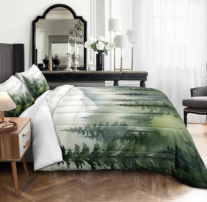 Bedbay Misty Forest Bedding Set Queen Size Nature Mountain Comforter Set Aesthetic Room Decor Cabin Style Quilt Duvet Set 4 Pieces for All Seasons 1 Comforter 2 Pillowcases 1 Cushion Cover